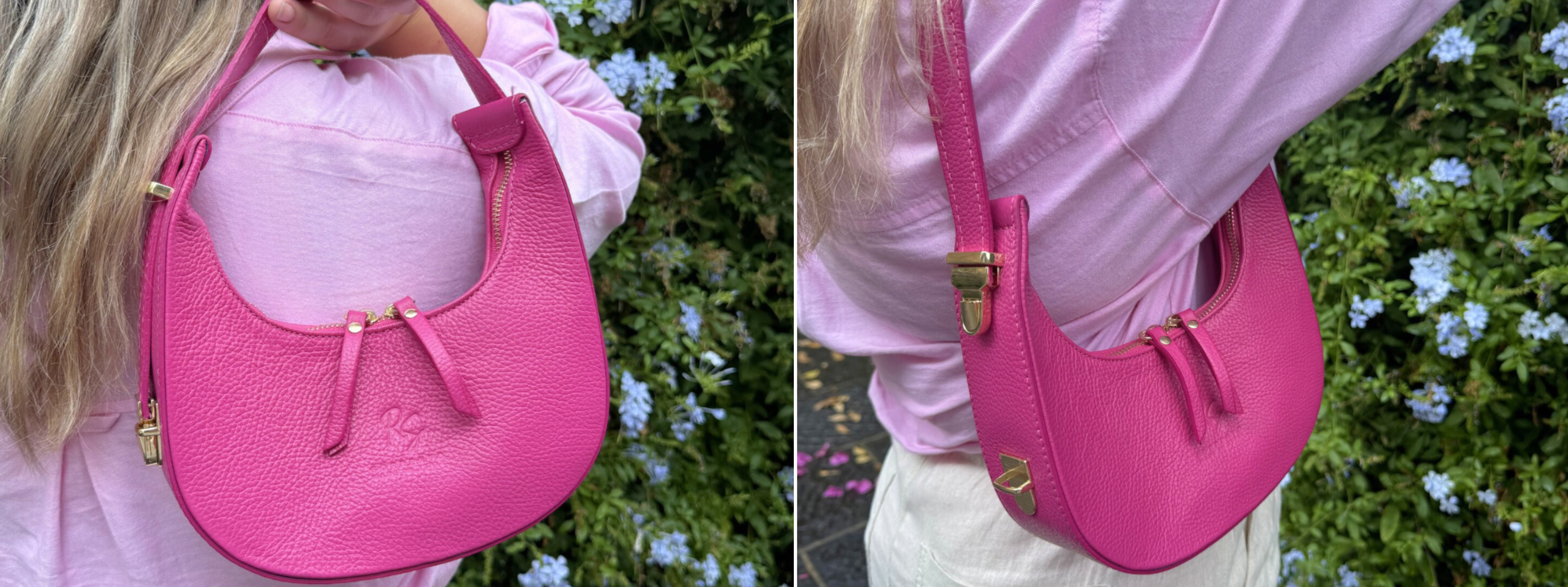 woman wearing fuchsia half moon handbag