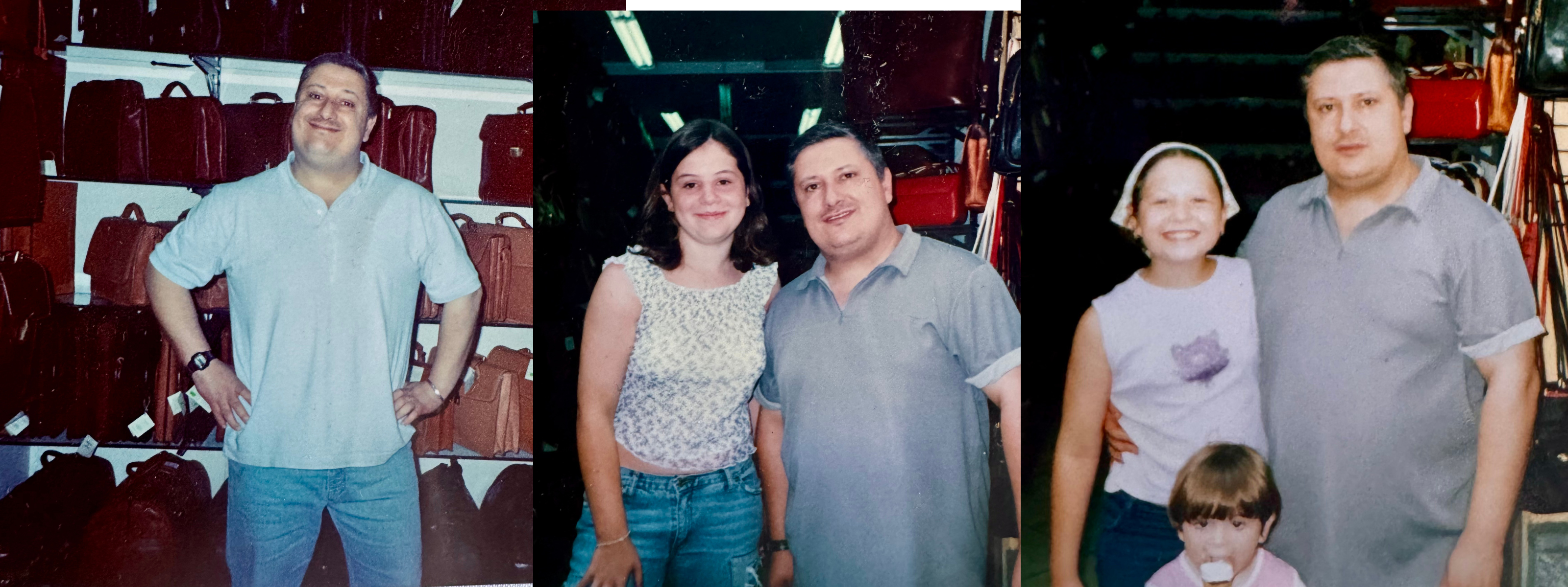 family photos of owner of Raff Shop Sorrento with his daughters in the leather shop
