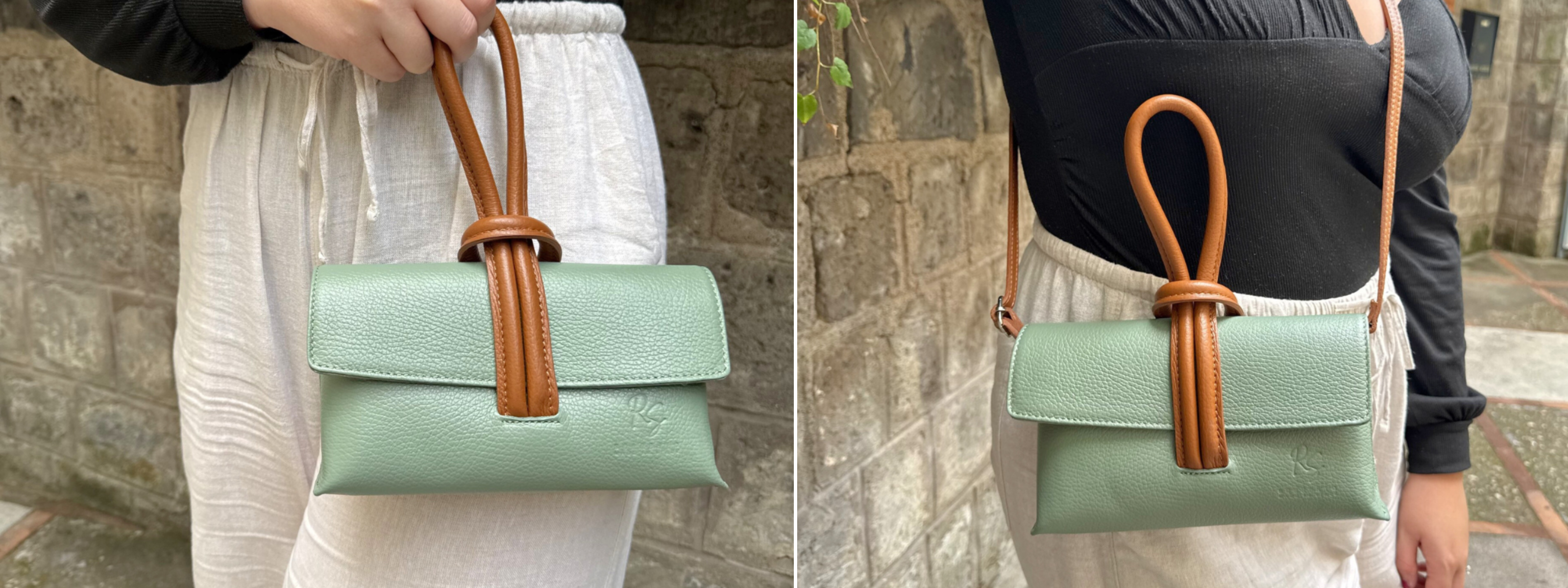 woman wearing sage green and brown knot clutch handbag