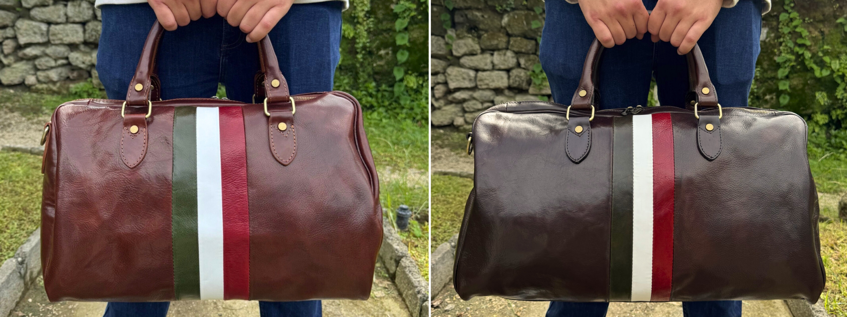 man holding italian flag duffel bag in italian calf leather