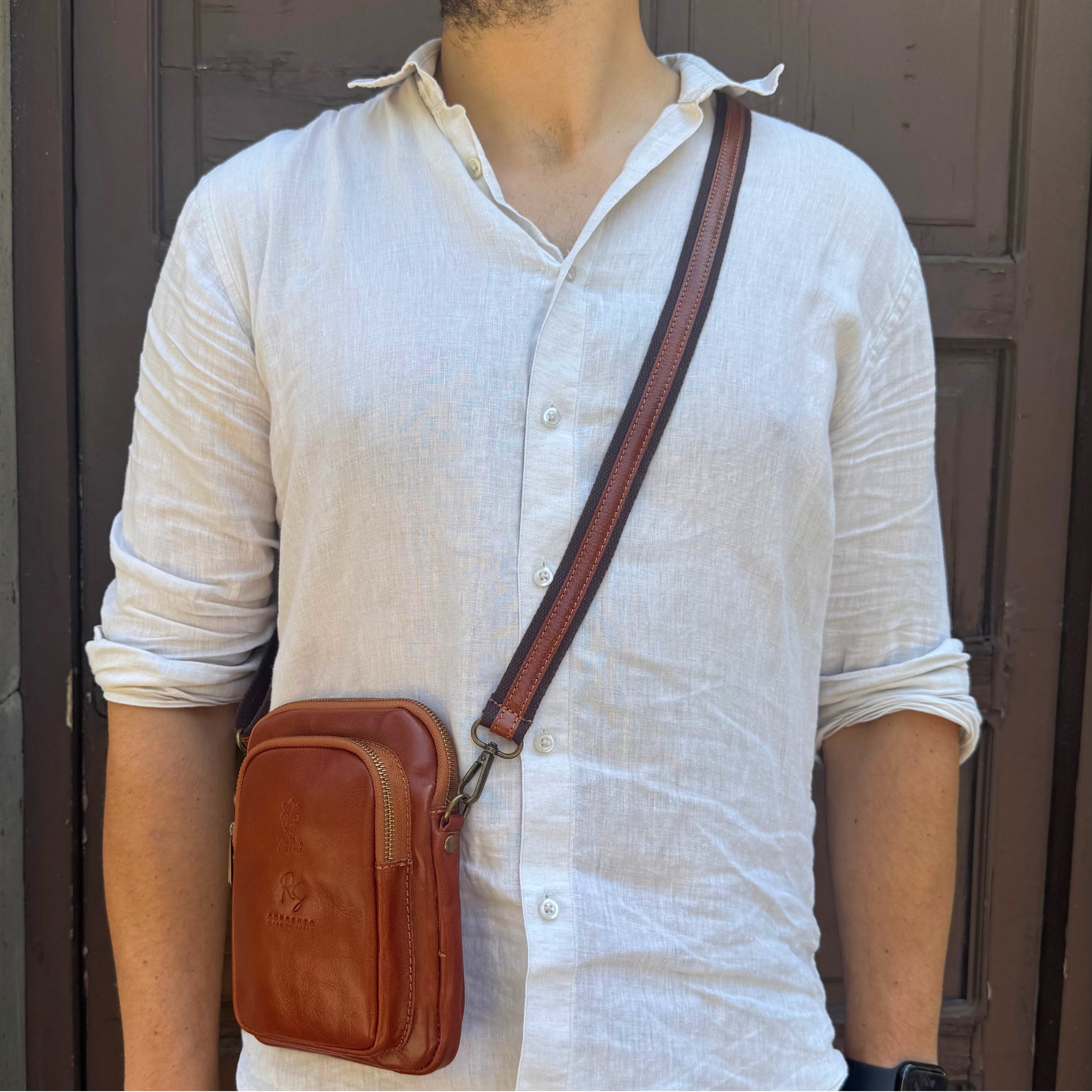 Unisex Double Compartment Crossbody Sling Bag in Italian Buffalo Leather