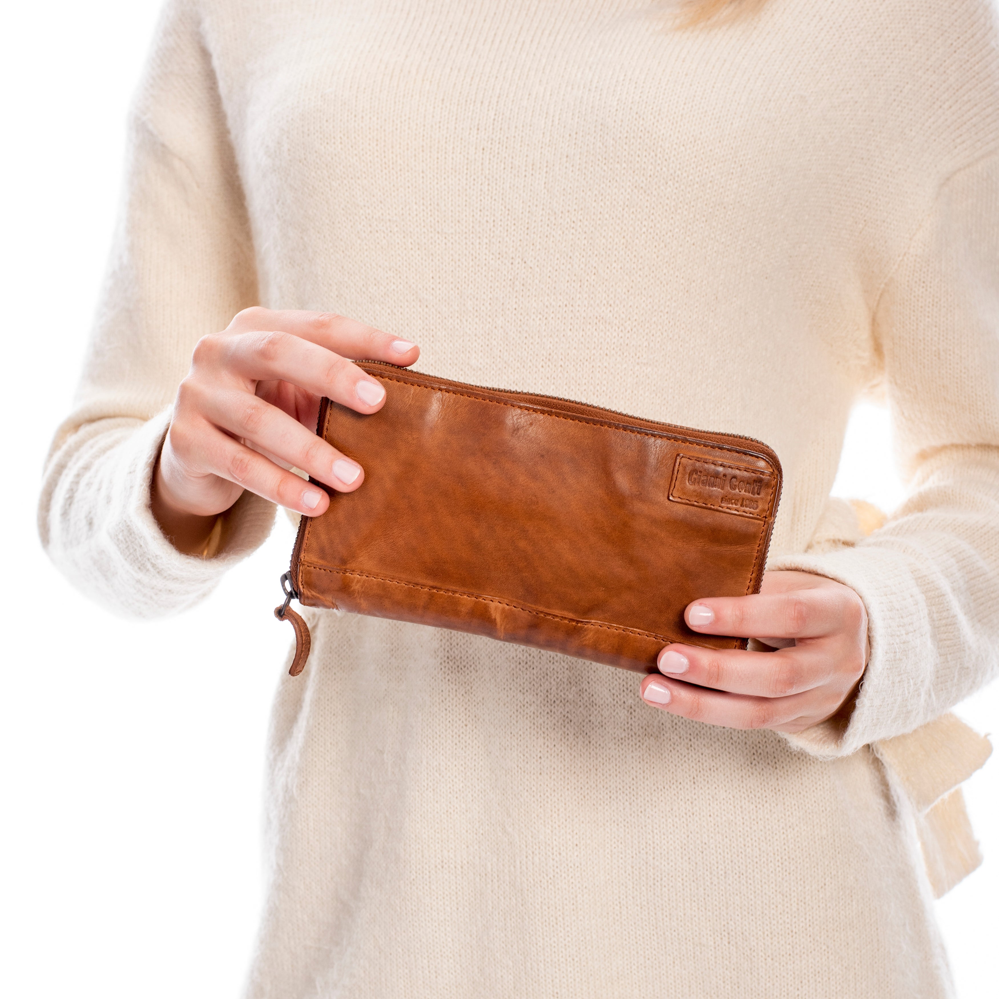 Gianni Conti Large Distressed Leather Zip-Around Purse with Accordion Compartments & Central Coin Pocket