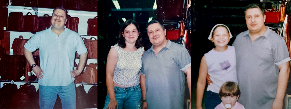 family photos of owner of Raff Shop Sorrento with his daughters in the leather shop